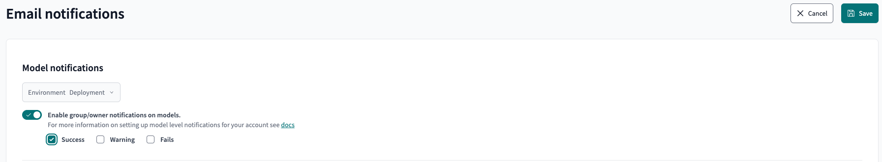 Example of the setting Enable group/owner notifications on models Example of the setting Enable group/owner notifications on models